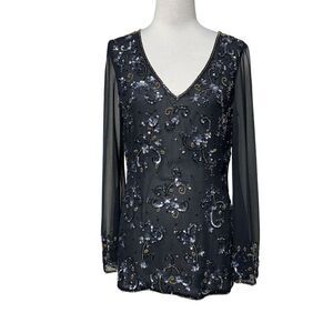 Sequined Sheer Black Long Sleeve Holiday Party Formal Tunic Blouse Small